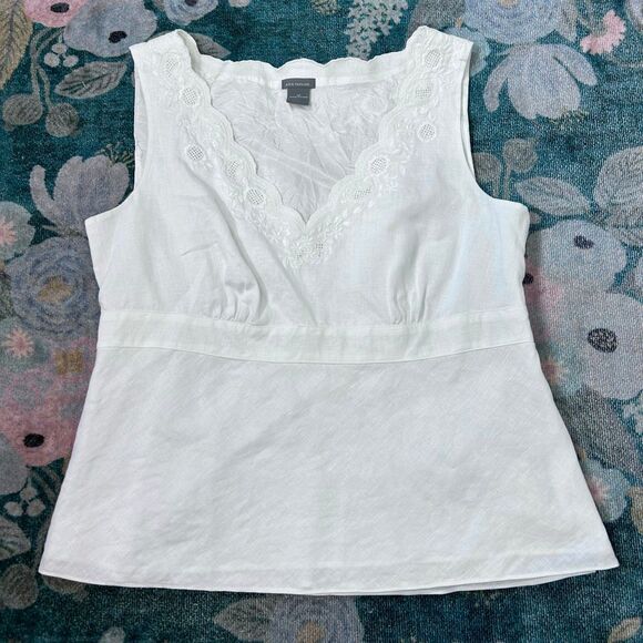 Ann Taylor Top Vintage Linen 12 White Sleeveless Embroidered Scallop V Blouse - Picture 3 of 15